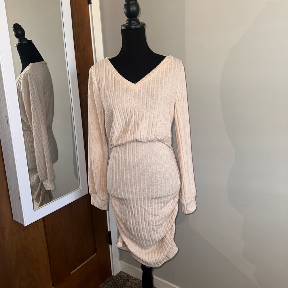 Elegant Beige Ribbed Knit Dress